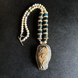 Fabulous Appetite Necklace with Large Mother and Child  Owl Carved Pendant